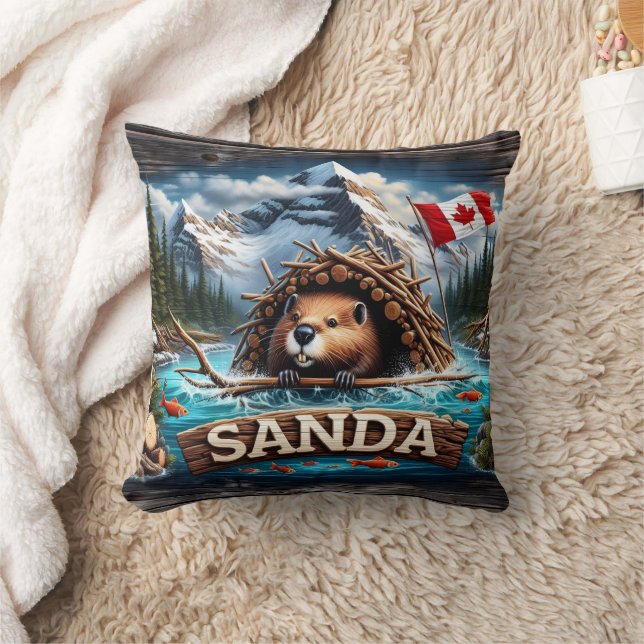 Beaver, Mountain, Flag, Blue Ocean Throw Pillow (Blanket)