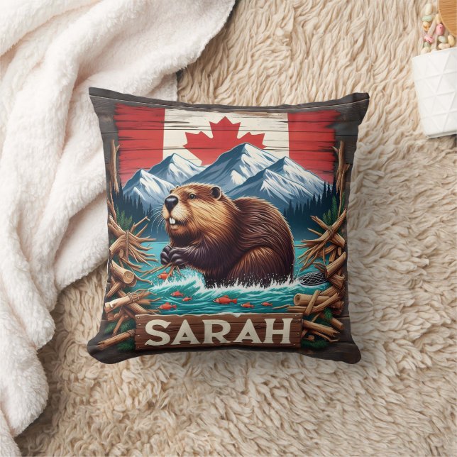 Beaver, Mountain, Flag, Blue Ocean Throw Pillow (Blanket)