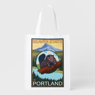 Beaver & Mt. Hood - Portland, Oregon Reusable Grocery Bag