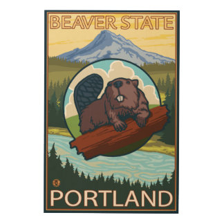Beaver & Mt. Hood - Portland, Oregon Wood Wall Art