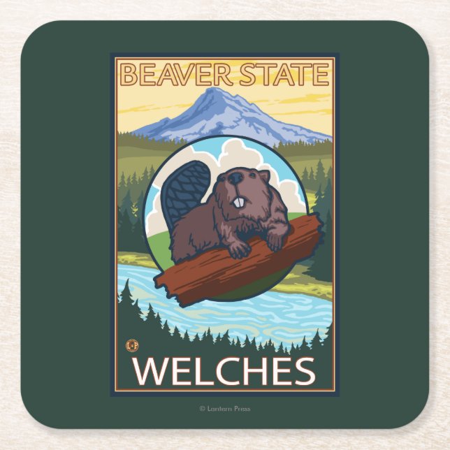 Beaver & Mt. Hood - Welches, Oregon Square Paper Coaster (Front)