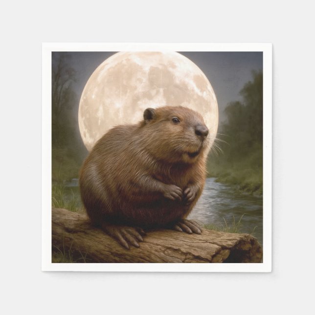 Beaver On a Log With Full Moon Napkins (Front)
