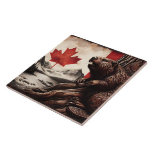 Beaver on a Tree With Canadian Flag and Mountains Ceramic Tile