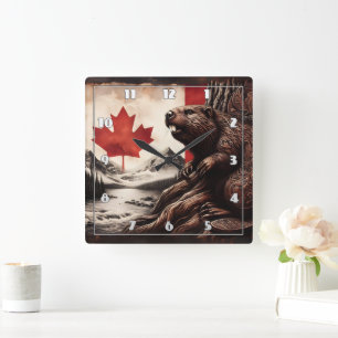 Beaver on a Tree With Canadian Flag and Mountains Square Wall Clock