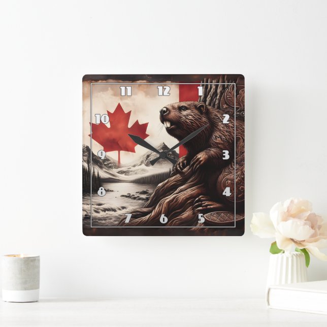 Beaver on a Tree With Canadian Flag and Mountains Square Wall Clock (Home)