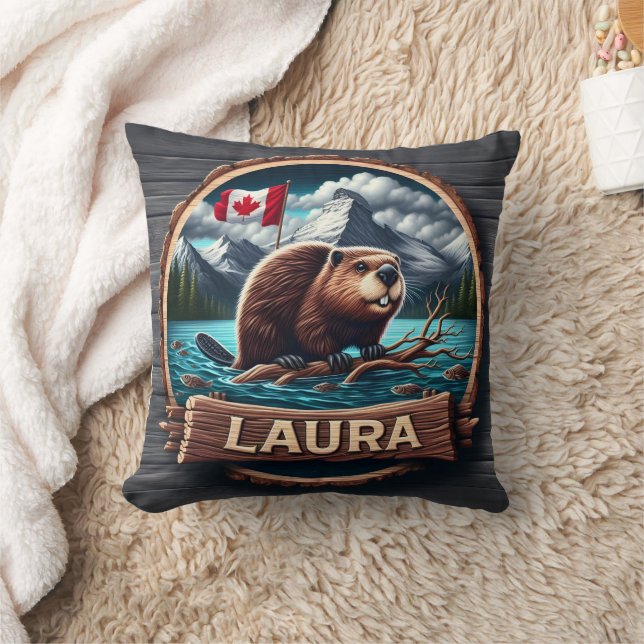 Beaver on a Wooded Lake With Canadian Flag Throw Pillow (Blanket)