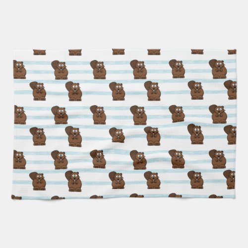 Beaver on blue stripes kitchen towel