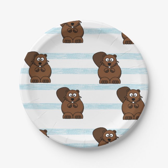 Beaver on blue stripes paper plates (Front)