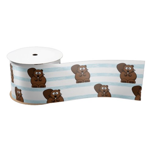 Beaver on blue stripes satin ribbon