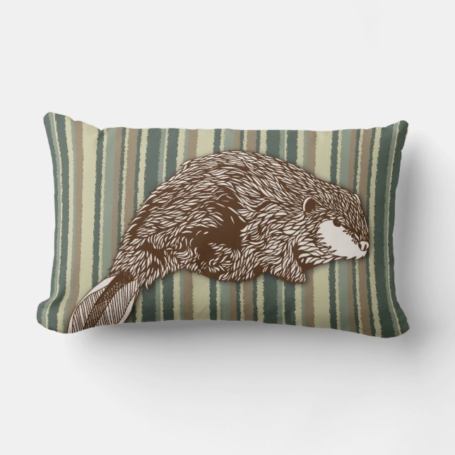 Beaver on Desert Stripes Lumbar Pillow (Front)