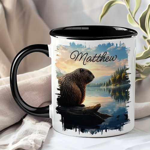 Beaver On Log Sunrise Wilderness Mug