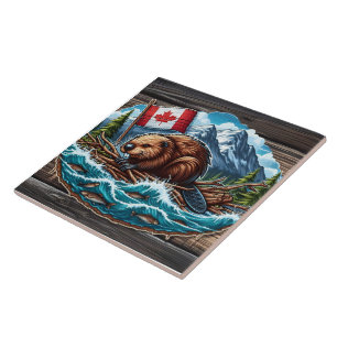 Beaver on Raft With Flag in River Ceramic Tile