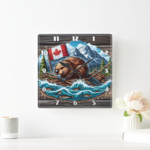 Beaver on Raft With Flag in River Square Wall Clock