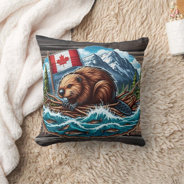 Beaver on Raft With Flag in River Throw Pillow (Blanket)