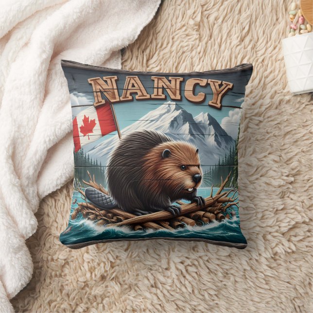 Beaver on Raft With Flag in Scenic View Throw Pillow (Blanket)