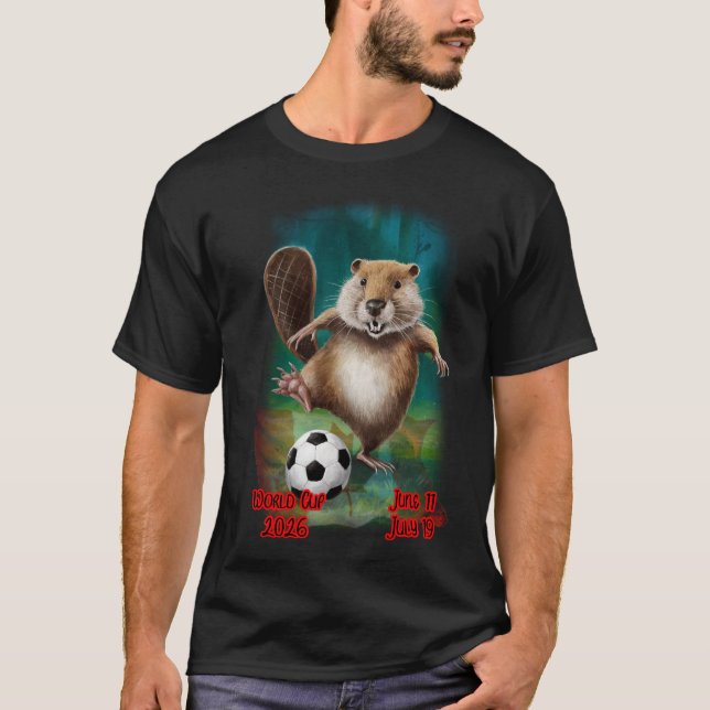 Beaver playing Soccer for the World Cup on a Black T-Shirt (Front)