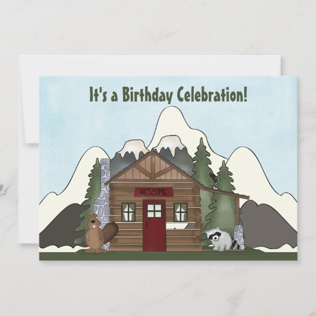 Beaver, Raccoon and Mountain Cabin Birthday Invite (Front)