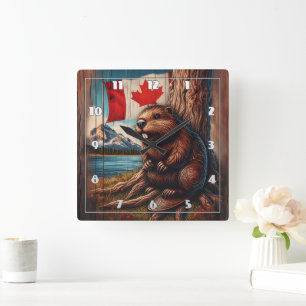 Beaver Sitting by Lake With Canadian Flag Square Wall Clock