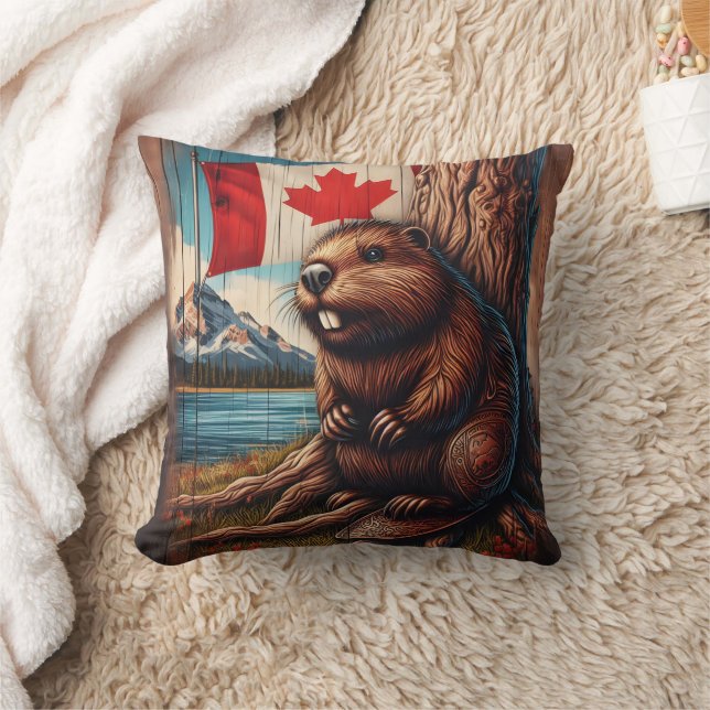 Beaver Sitting by Lake With Canadian Flag Throw Pillow (Blanket)