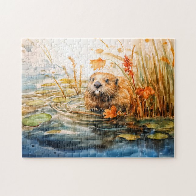 Beaver sitting by pond among reeds jigsaw puzzle (Horizontal)