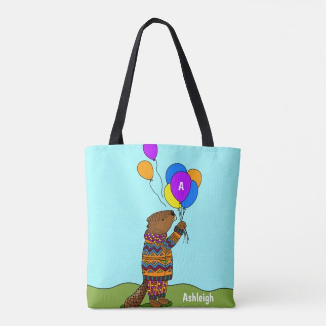 Beaver w Balloons, Cute Kids' Personalized Tote Bag (Back)