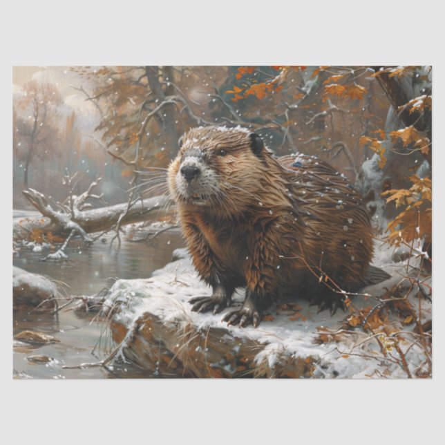 Beaver Winter Landscape Painting Decoupage Tissue Paper (Front)