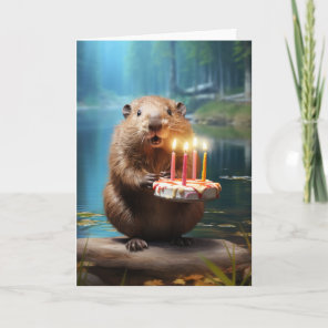 Beaver with a Birthday Cake Card
