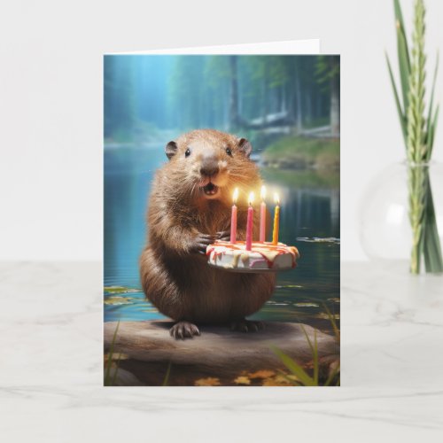 Beaver with a Birthday Cake Card