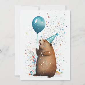 Beaver with Blue Balloon Flat Greeting Card