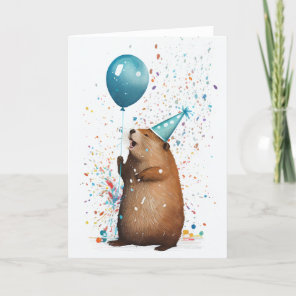 Beaver with Blue Balloon Folded Greeting Card