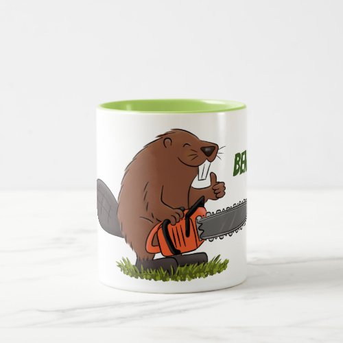 Beaver with chainsaw cartoon illustration Two_Tone coffee mug