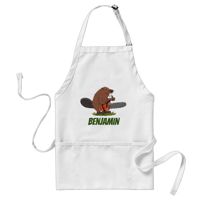 Beaver with chainsaw funny cartoon illustration adult apron (Front)