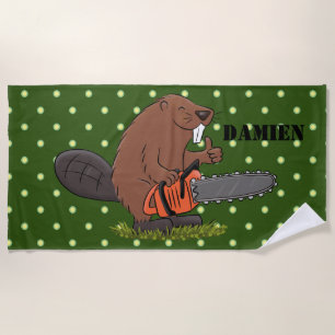 Beaver with chainsaw funny cartoon illustration beach towel