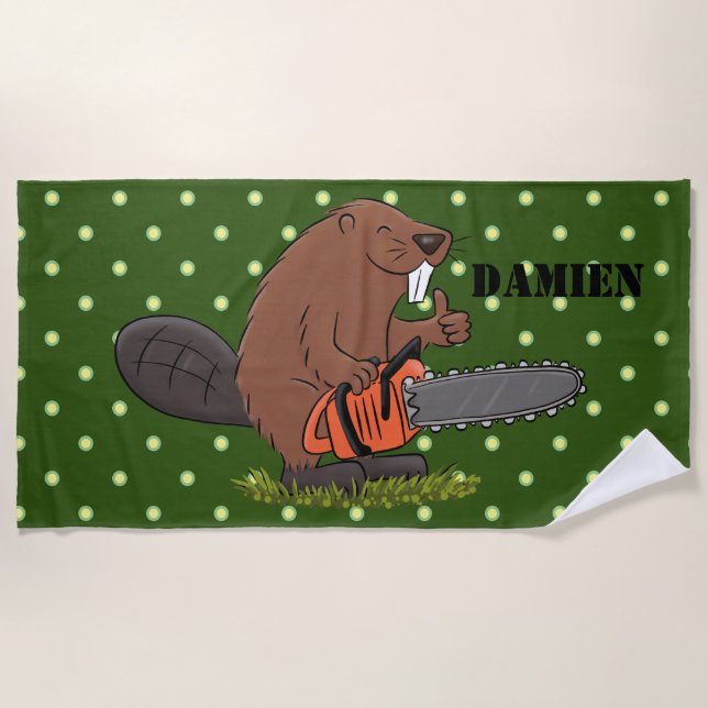 Beaver with chainsaw funny cartoon illustration beach towel (Front)