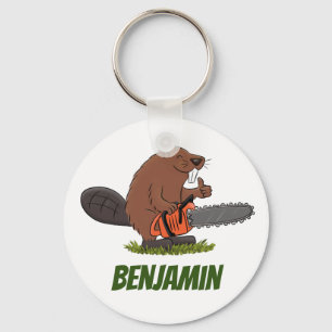 Beaver with chainsaw funny cartoon illustration keychain