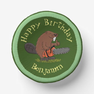 Beaver with chainsaw funny cartoon illustration paper bowls