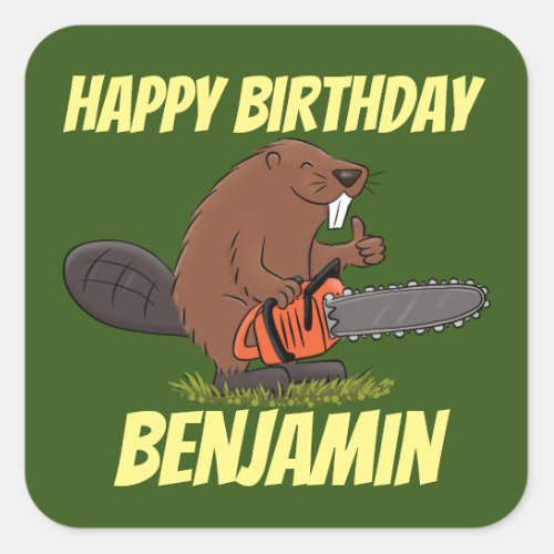 Beaver with chainsaw funny cartoon illustration sq square sticker