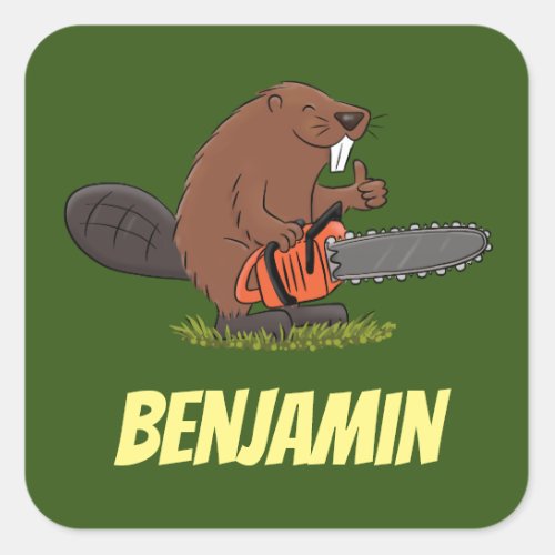 Beaver with chainsaw funny cartoon illustration square sticker
