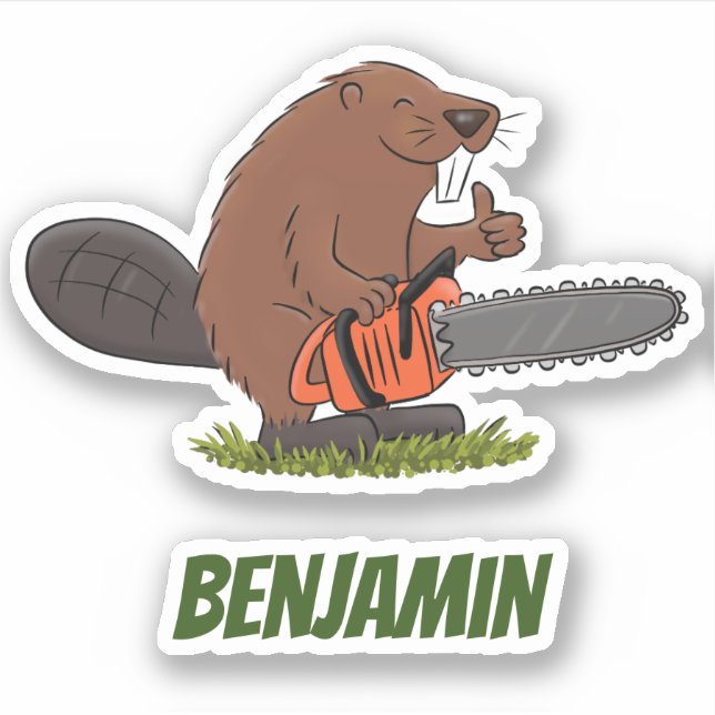 Beaver with chainsaw funny cartoon illustration sticker (Front)