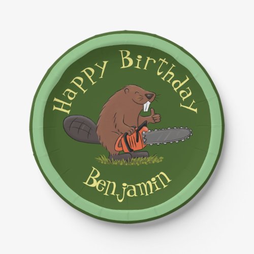 Beaver with chainsaw funny personalised birthday paper plates