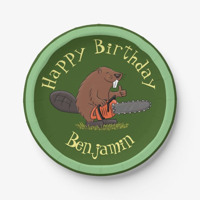 Beaver with chainsaw funny personalised birthday paper plates (Front)