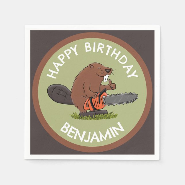 Beaver with chainsaw funny personalized birthday napkins (Front)
