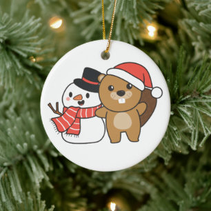 Beaver With Snowman In Winter At Christmas Ceramic Ornament