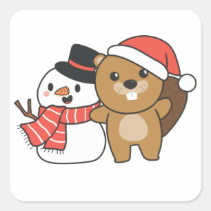Beaver With Snowman In Winter At Christmas Square Sticker