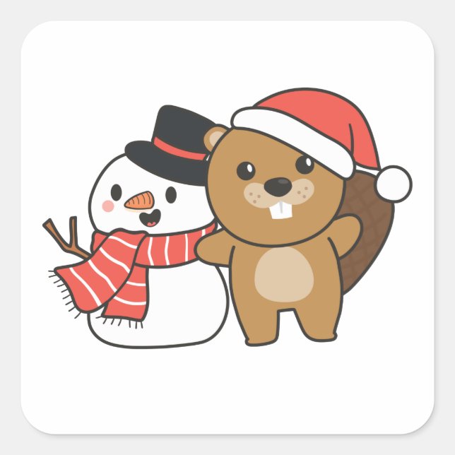 Beaver With Snowman In Winter At Christmas Square Sticker (Front)
