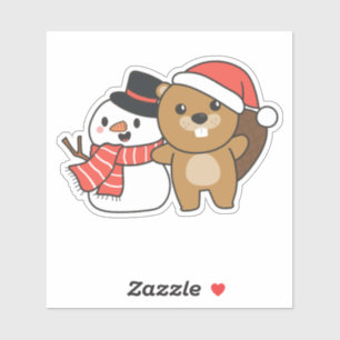 Beaver With Snowman In Winter At Christmas Sticker