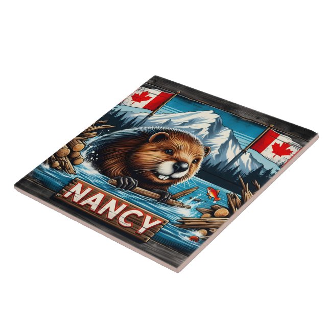 Beaver With Stick by Canadian Flags Ceramic Tile (Side)