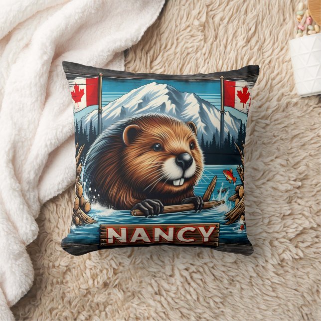 Beaver With Stick by Canadian Flags Throw Pillow (Blanket)