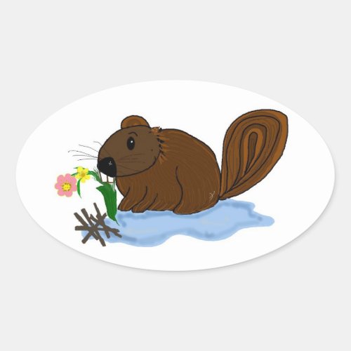 Beaver with Sticks and Flowers Oval Sticker