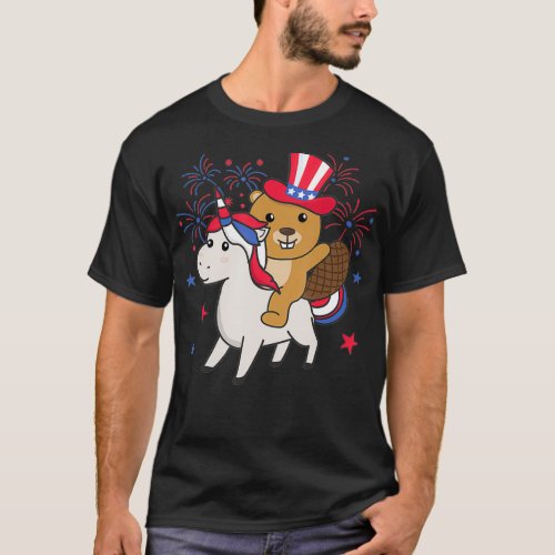 Beaver With Unicorn For Fourth Of July Fireworks F T_Shirt